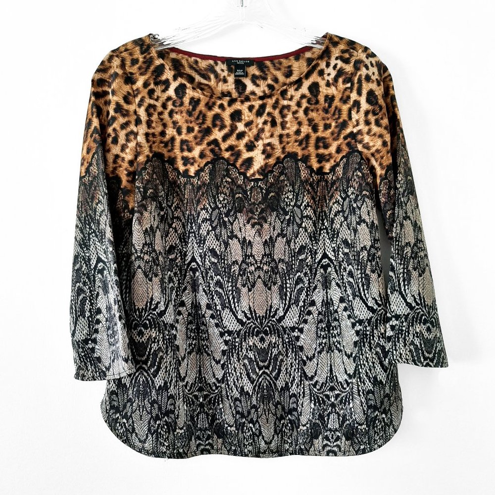 NWOT Ann Taylor Satin Blouse, Leopard & Lace Print, Black/Gold, XSP, 0P, 2P, 4P